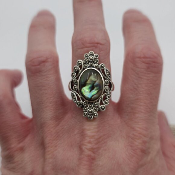 Size 9 Sterling Silver Abalone And Marcasite Gems Ring A1869 - Picture 5 of 9